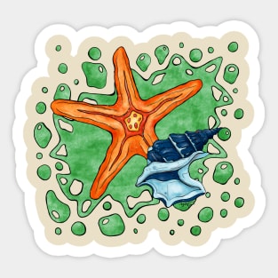 Bright star fish and shell, summer beach Sticker